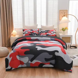 Camouflage Bedding Set, Colorful Pattern Style Comforter Set, 5 PCS One Comforter Two Pillowcases Two Sheets in One Bag, All Season Bedspread for Teens Adults (Red-Black, Full 5Pcs)