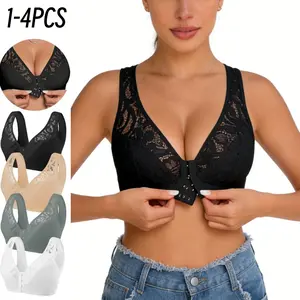 1/2/3/4PCS Lace Front Closure Bras Women's Breathable Everyday Bra Posture Full Coverage Underwire Unlined Back Support Plunge Seamless Bra Spring Statements