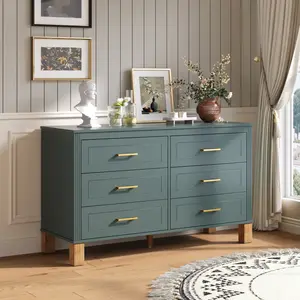 6-Drawer Double Dresser in Green, Modern Storage Cabinet with Metal Handles & Solid Wood Legs, Dresser Drawer Organizer for Kids Bedroom, Heavy-Duty Wooden Dresser with Pre-Installed