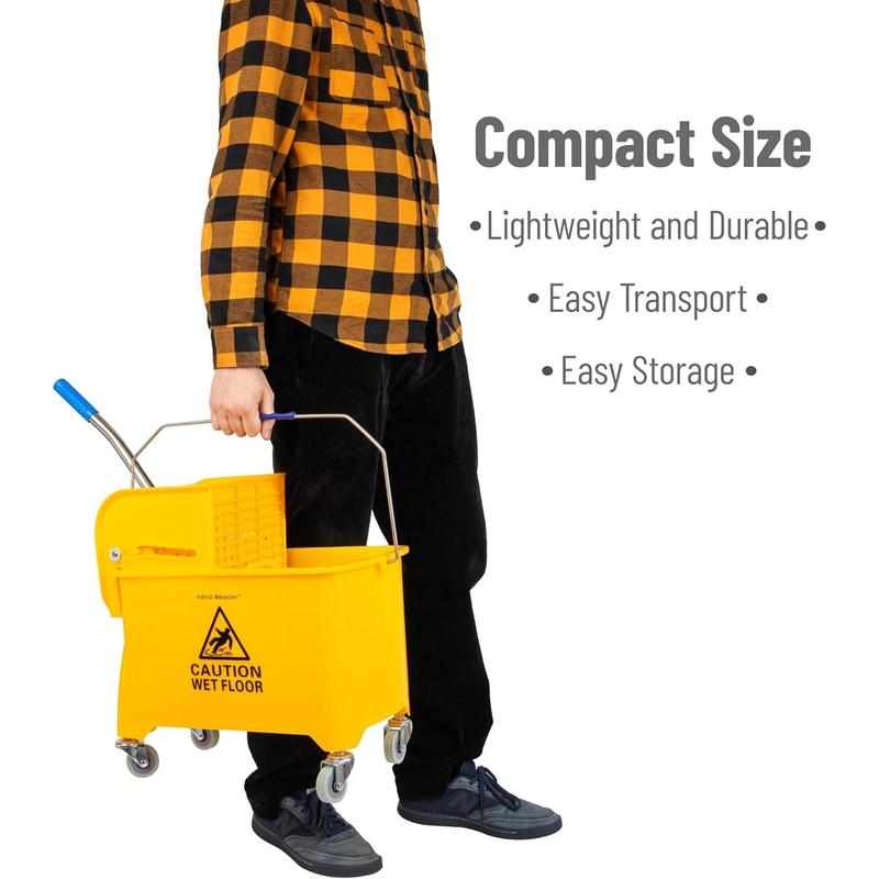 Mind Reader Bucket with Wringer and Mop Set, 22 Qt (5.5 Gallon), Floor Cleaning, Wheels, 16.25" L x 10.75" W x 24.5" H, Yellow