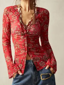 Elegant Women's Floral Long Sleeve Shirt, Button Front Mesh Cardigan, Semi-Transparent Fashion Top for All Seasons