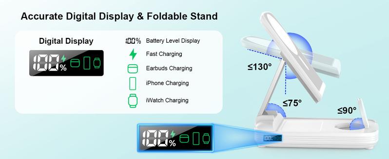 3-in-1 Foldable Wireless Power Bank, 10000mAh Magnetic Power Bank with Adjustable Phone Stand, Fast Charger, Portable Wireless Charger with Digital Display for iPhone 17 / 16 / 15 / 14 / 13 / 12 Series & Earbuds & Apple Watch