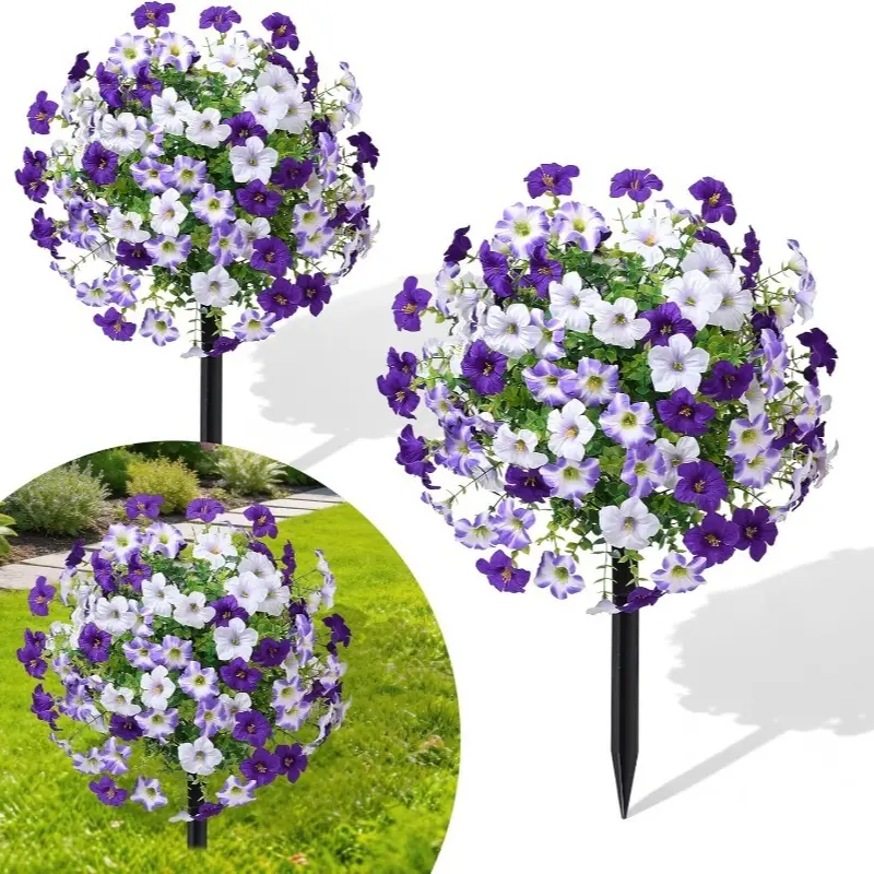 Chic 23-in Artificial Boxwood Topiary Ball Set - Single-Piece with Petunias, Peonies, Ground Stake, UV-Resistant, Daily & Easter Outdoor Home Decor Ornaments for Gardens, Patios