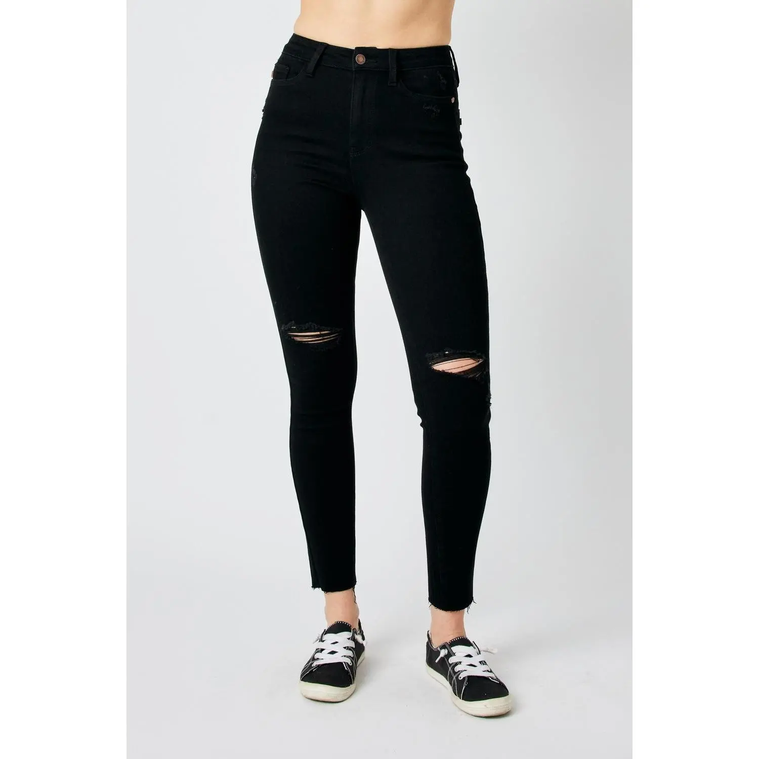 Judy Blue Women's High Waist Heavy Distress Spandex Slim Jeans - Soft Stretch Cotton Bottoms, Comfortable Casual Everyday Denim, Stylish Frayed Edge Raw Hem, Flattering Fit, Multi-Size (14W,16W), All Seasons, Polyester, Cold Wash, Do Not Bleach, Skinny Je