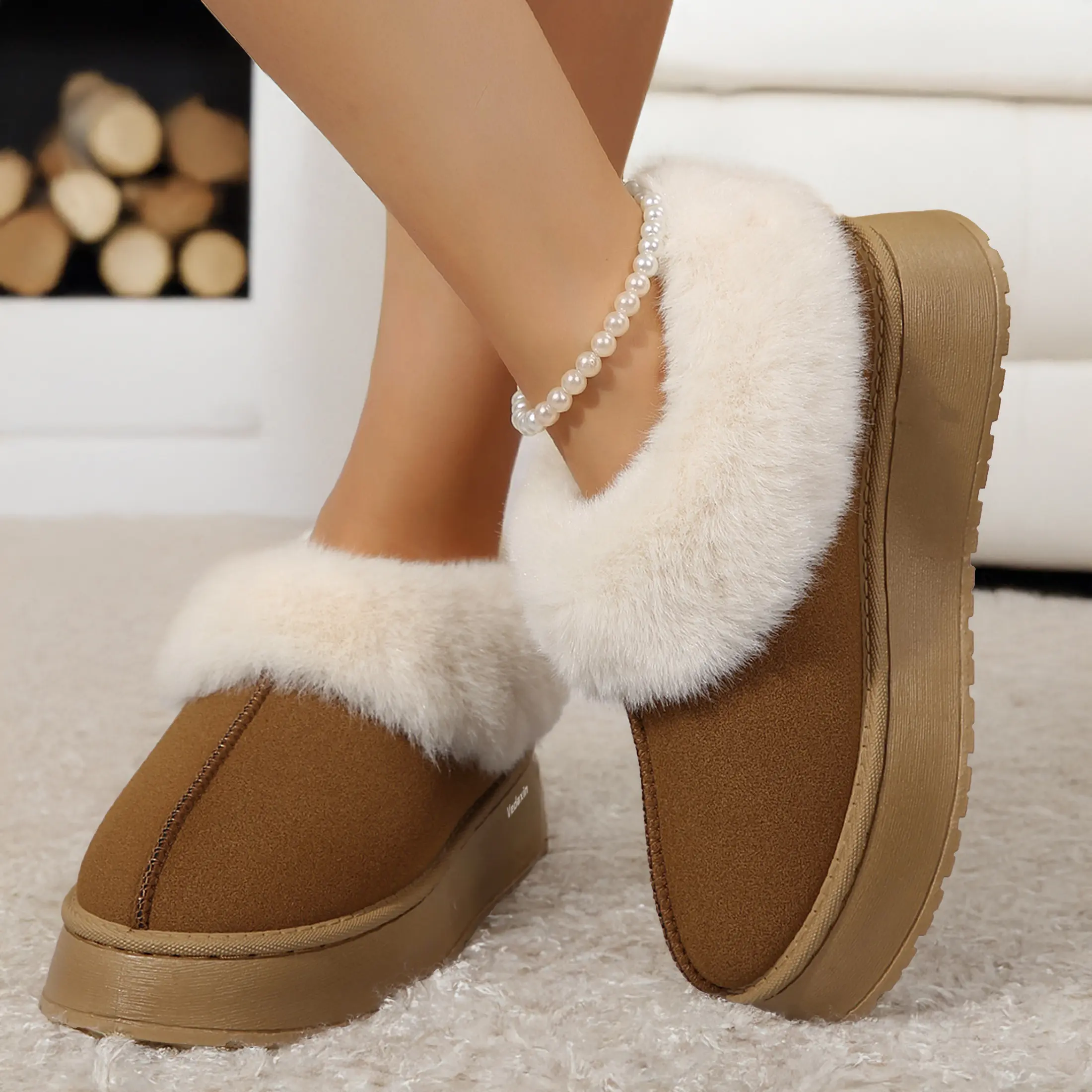 Women's Fashion Platform Suede Lining Warm Slip-On Snow Boots For Both Outdoor Indoor