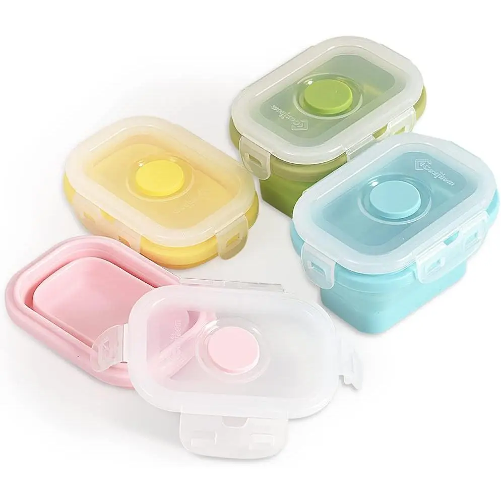 Transparent Collapsible Silicone Food Storage Containers, 4-Pack 5 Oz Portion Control Containers with Clip-On Lids, Stackable Space-Saving Home Organizers Safe for Microwave, Fridge, Freezer, Dishwasher