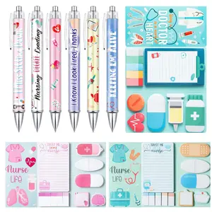 9pcs Nurse Theme Pens&Sticky Notes Set Lovely Cartoon Ballpoint Pens Multiple Uniquely Shaped Sticky Notepads for Medical Assistants Students Workers Office Nurse Appreciation Gifts