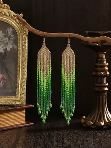 1. Ladies' fashionable fringed beaded earrings - Bohemian style, vintage, geometric gradient pattern, green color, hand-woven beaded design. Suitable for daily wear. Versatile style. Ideal gift for holidays.