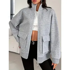 [Plus Size Cardigan Coat] Women's Plus Size Fashion Trend Solid Color Stand Collar Long Sleeve Cardigan Coat - Plus Size