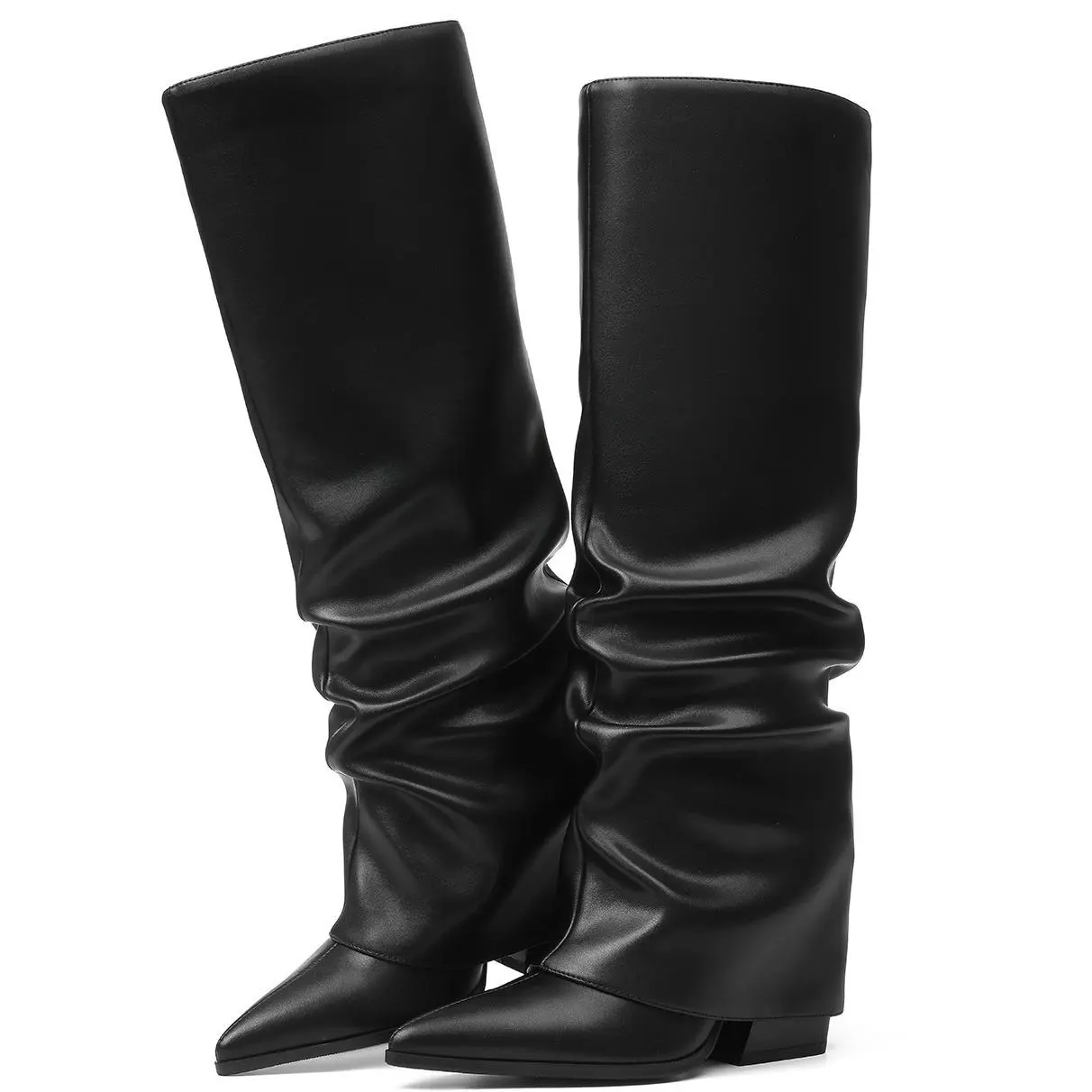 EROCALLI Women's Fold Over Boots Slouch Knee High Boots for Women Chunky heels Heel Pointed Toe Tall Boot, Wide Calf, Pull-on Covered chunky Heel Patent Leather Knee High Boots