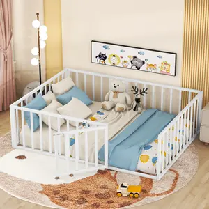 Full Size Floor Bed Frame with Fence and Door, Heavy Duty Full Floor Bed Frame Full Size, Easy Assemble, White