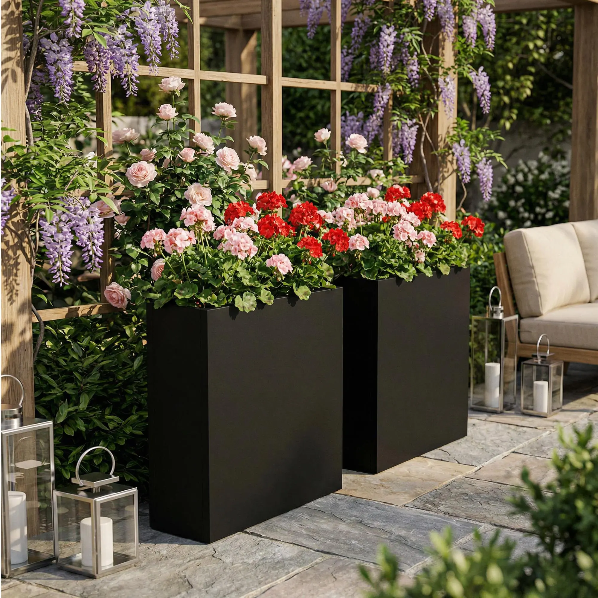 2-Piece Modern Metal Rectangular Planter Boxes with Stand - Large Size 24"x10"x30" Wrought Iron Raised Bed for Plant Display, Indoor Outdoor Patio