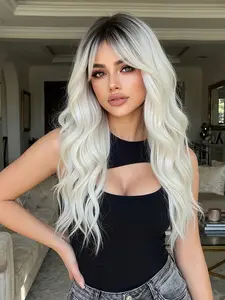 22 Inch Dark Root to Blonde Body Wave Synthetic Fiber Wig, Medium Length Curly Hair, All Seasons, Synthetic Wigs, Body Wavy Wigs
