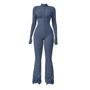 Women's Long Sleeve Flared Sports Jumpsuit - Zipper Jumpsuit, Wide Leg Bodysuit, Sexy One-Piece Yoga Jumpsuit, Fitness Activewear for the Gym, Pilates, Casual or Street Wear, Tennis Skirt with Shorts and Tie-Front Activewear sporty yoga set