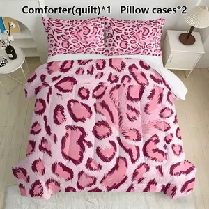 3-Piece Leopard Print Quilt Set, Includes 1 Quilt and 2 Pillowcases, Soft and Breathable, Suitable for All Seasons, Home or Dorm Use