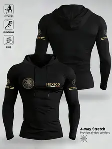 Men's Mexico Flag Eagle Print Hooded Long Sleeve T-Shirt, Comfortable Elastic Fabric, Casual Outdoor Fitness Sportswear, Activewear Clothing