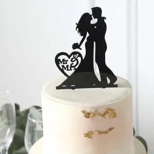 Acrylic Cake Toppers 7" Black Silhouette Design of Bride and Groom, Mr and Mrs Wedding Cake Topper - Wedding Cake Decoration Set
