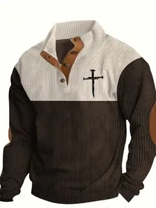Men's new cross-print, color-block corduroy casual long-sleeve, Collared, Fitted, stand-up collar design, casual style, comfortable fabric suitable for men's daily wear in autumn and winter, men's casual sports hoodie Tops, Casual Fitted Sweatshirt