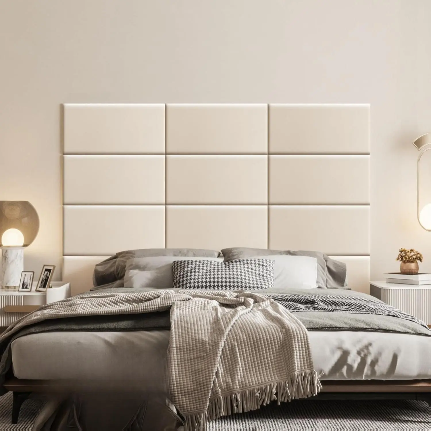 12-Pack PU Leather Peel and Stick Upholstered Headboard Panels (23.6"x11.8") - Contemporary Mould-Proof Padded Indoor Wall Cushions, Self-Adhesive Renters-Friendly Anti-Collision Soundproof Durable Panels with Waterproof Ease for Bedroom Bed & Sofa Decor