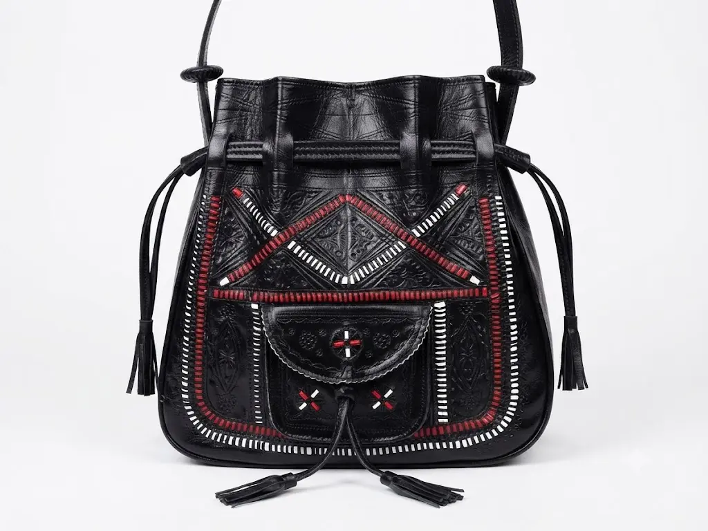 Black Leather Bucket Bag with Red and White Embroidery and Tassels