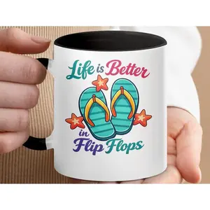 Summer Vacation Tropical Ceramic Coffee 11oz & 15oz Mug, Flip Flops Starfish Beach Themed Drinkware, Stylish Seasonal Daily Tea Cup, Perfect Holiday Gift for Beach Lovers and Home Office Use