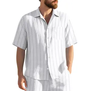 Men’s striped short-sleeve button shirt made from lightweight, breathable fabric, featuring a classic turn-down collar and a chest pocket; perfect for summer beach trips, vacations, streetwear, everyday wear, and casual holiday styles.