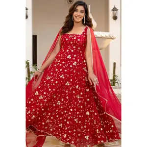 Red Sequinned Anarkali with Trousers and Dupatta