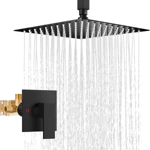 Shower Faucet Set and Handle Set Single Function Shower Trim Kit Ceiling Mount Rainfall Shower System with Male Threads and Rough-in Valve 12 Inch Square Shower  Matte Black