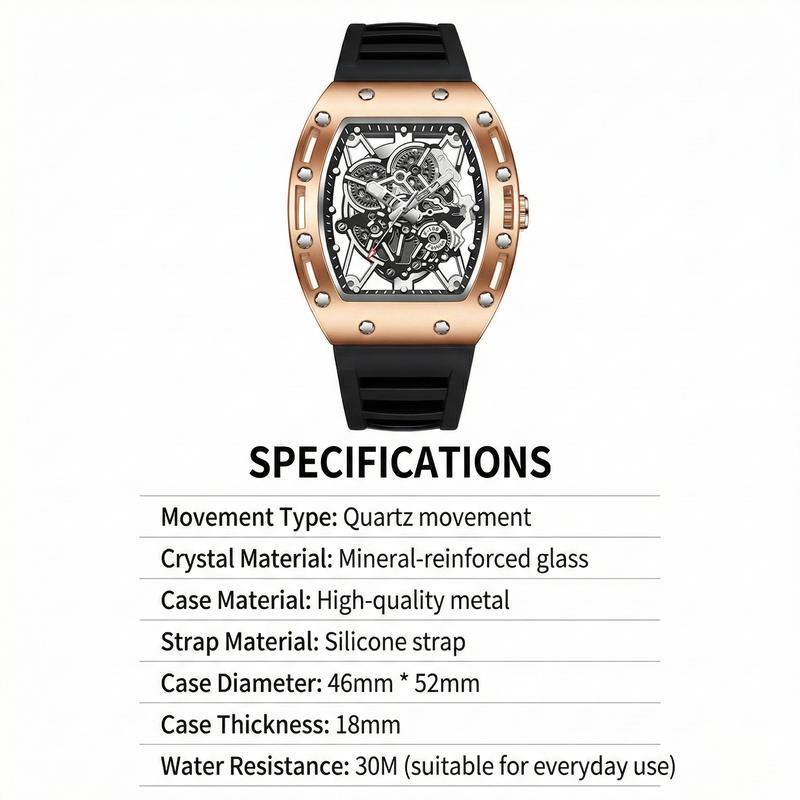 Men's Barrel-Shaped Skeleton Watch Black and Gold Tone Water Resistant 30M Quartz Analog Wristwatch with Silicone Strap for Daily & Outdoor Use Birthday Gift Idea