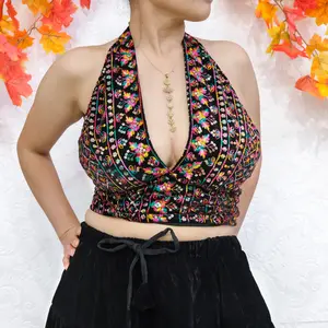 Hand Embroidery Velvet Halter Top , Boho Fairy One of a Kind Blouse, Bohemian Style, 90s Fashion, Festival Clothing, Backless Top, Crop Top