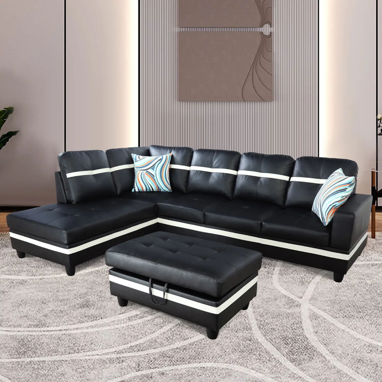 3-Piece Semi PU Leather Bi-Color Sofa Set - Modern Indoor Living Room Furniture, Cloud-Soft Cushions, Sturdy Frame, Easy-Clean Faux Leather, Elegance Chic Cushion Sofa Combo for Home Office, Bi-Color Sofa Sets, Elegance Sofa Sets