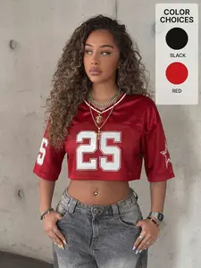 Y2K Sports Streetwear Crop Jersey, Casual Colorblock Numeral Print Short Sleeve T-Shirt, Sports Tee, Casual Sports Tops, Perfect for Daily Chic and Aesthetic Layering, Viral TikTok Trend, Soft Breathable Fabric, Stunning Effortless Look