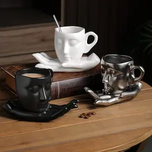 Creative Thinker Coffee Cup Saucer Set with Spoon, Handmade Kiss Mark Mug for Valentine's Day Wedding Anniversary Gift, 8.5 Oz Ceramic Tea Cup Dishwasher Safe