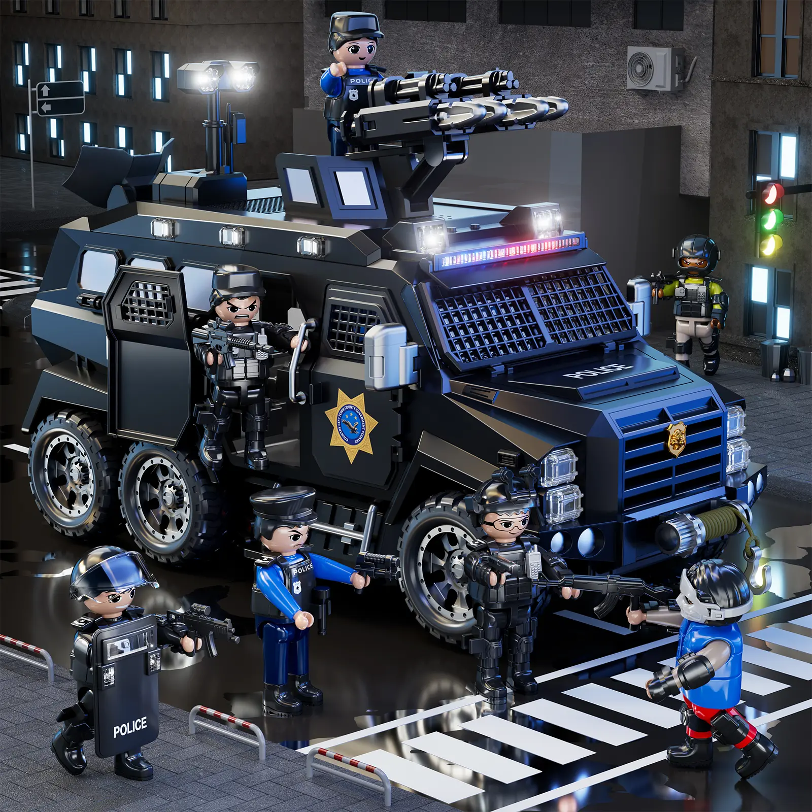 Special Police Anti-Riot Armored Police Car Toy with LED Lights, Tactical Police Car Model Kit, includes multiple firearms, wanted posters, shields, stands, and six mini figures, city military police educational building set designed for boys aged 6