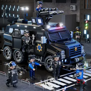 Special Police Anti-Riot Armored Police Car Toy with LED Lights, Tactical Police Car Model Kit, includes multiple firearms, wanted posters, shields, stands, and six mini figures, city military police educational building set designed for boys aged 6