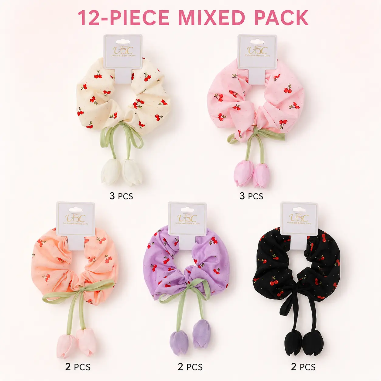12-Pack Mixed Cherry Print Flower Scrunchies – Chiffon Hair Ties with Tulip Charms