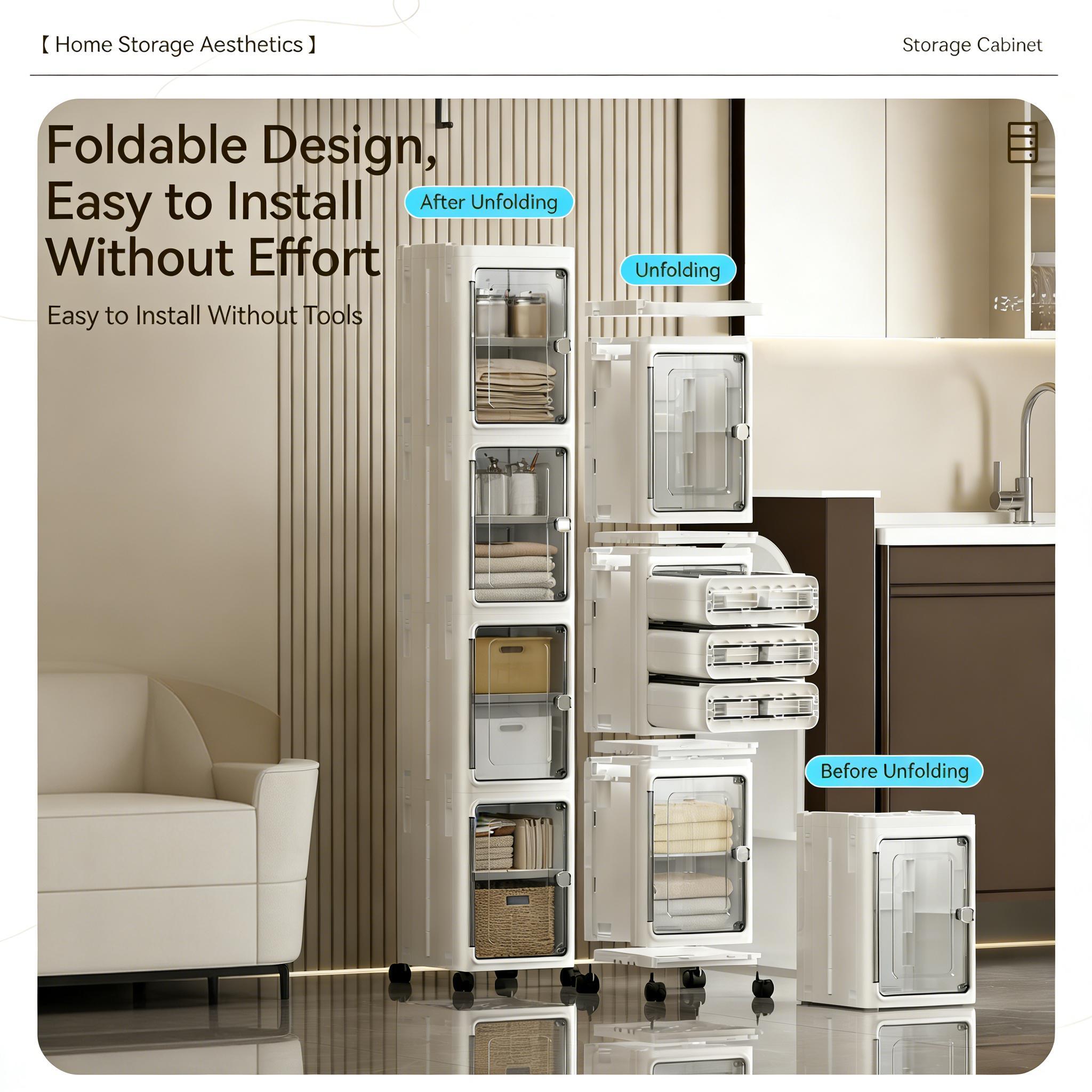 Mobile Foldable Dustproof Storage Cabinet Universal Wheels Magnetic Door Multilayer Slim Narrow Gap Storage Box Kitchen Bedroom Bathroom Side Home Organizer