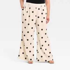 Women's Relaxed Linen Trousers - A New Day Black/White Dot 4X