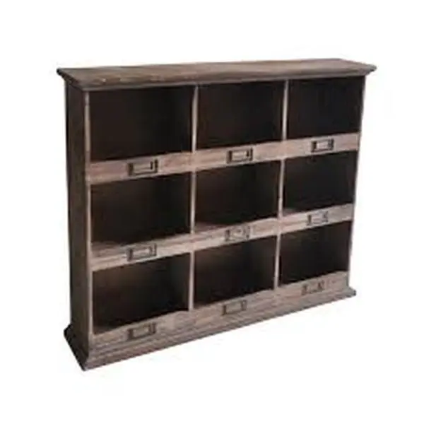 Cheungs FP-4120 Wood Wall-Mount Cube Shelf - 9 Cubbies, 26.75l x 5.75w x 22.75h in, Metal Attached Hanging Hooks, Label Slots, Ready to Hang (With Hooks Cube Shelves for Home Decor Storage)