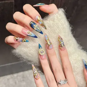 Reusable Hand-Finished Press-On Nails, 3385-Long Tip, Celestial Archives Antique Powder Blue Gilt Religious Motifs, Archival Gold Leaf Detailing, Removable Artifact ArchiveCoreNails GiltVintageNails for Beauty & Personal Care Nail Art