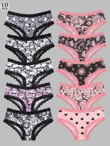 Morvia 10-Pack Sexy Women's Panties, Soft Lace, Milk Silk Material, Fitted, Suitable for Daily Wear, All Seasons, Random Print, Soft Stretch Panties, Knitted Stretch Underwear