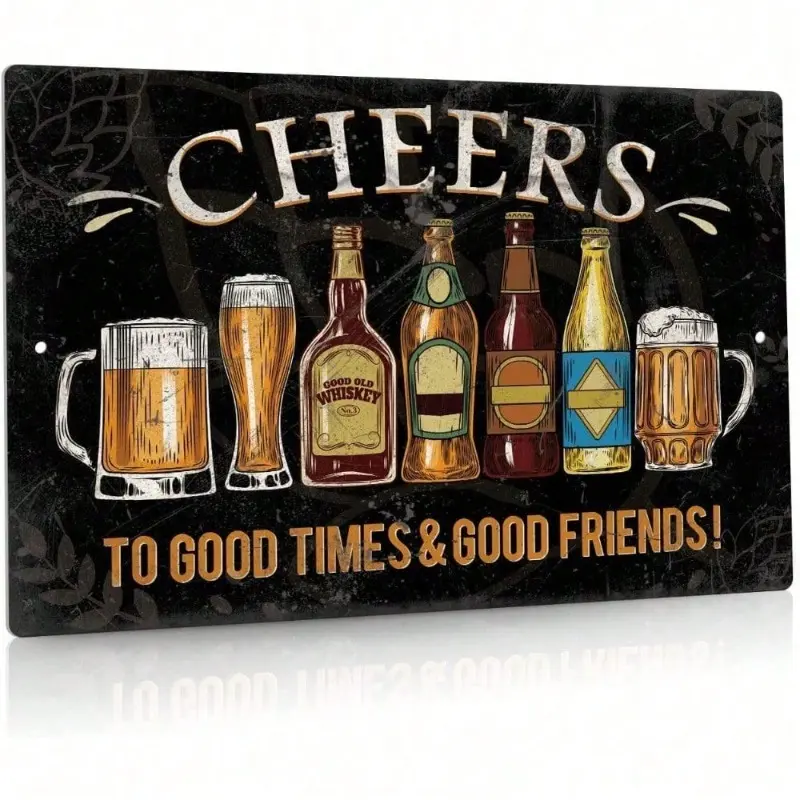 SHEIN Vintage Metal Tin Wall Decor, Retro Pub Sign for Home Bar & Man Cave, Cheers to Good Friends Metal Wall Art with Sayings