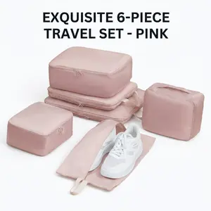6-Piece Compression Packing Cubes Travel Organizer Set | Waterproof Luggage Storage Bags for Suitcase (Beige/Pink)