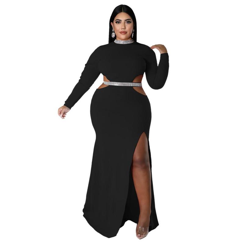 Plus Size - Plus Size Women'S Elegant Sexy Waist-Baring Slit Dress - Emerald Green Asymmetrical Hem Long Formal Party Dress with V-Neck & Slit Back, Floor-Length Winter Evening Gown for Women, Non-Stretch Elegant Party Outfit