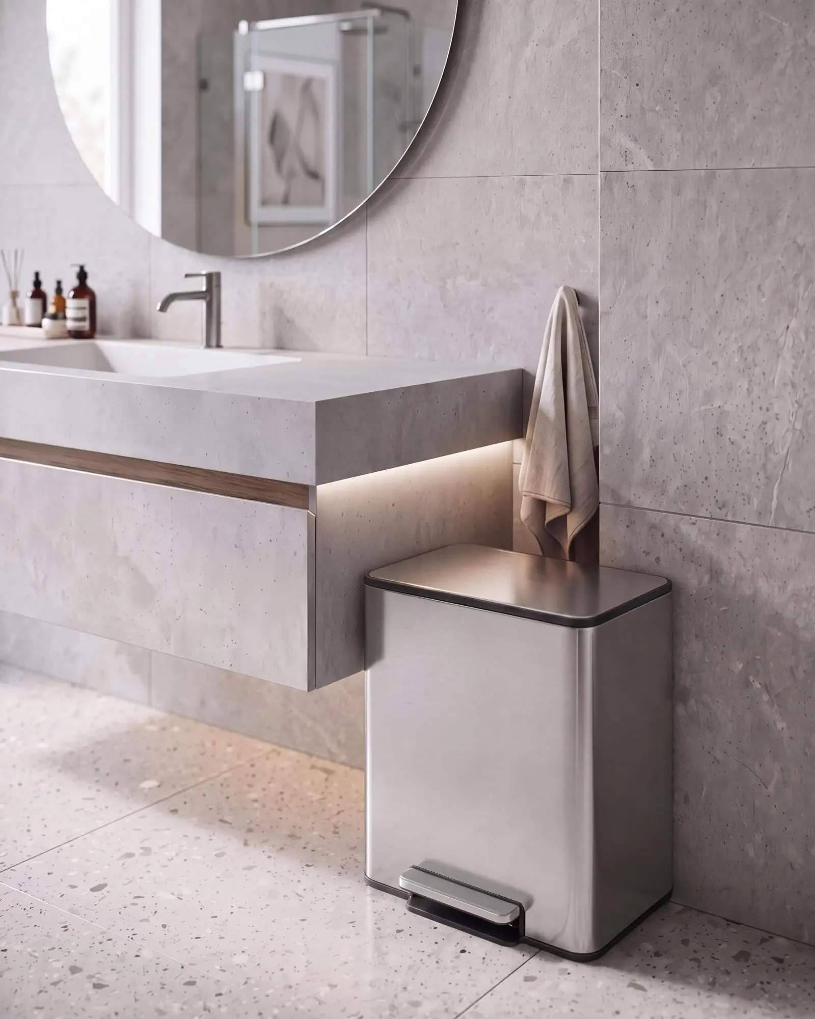Garvee 3.4 Gal Rectangular Stainless Steel Bathroom Trash Can - Space-Saving Lidded Waste Bin with Soft-Close Lid, Foot Pedal, Removable Inner Bucket, Silver Plastic Accents