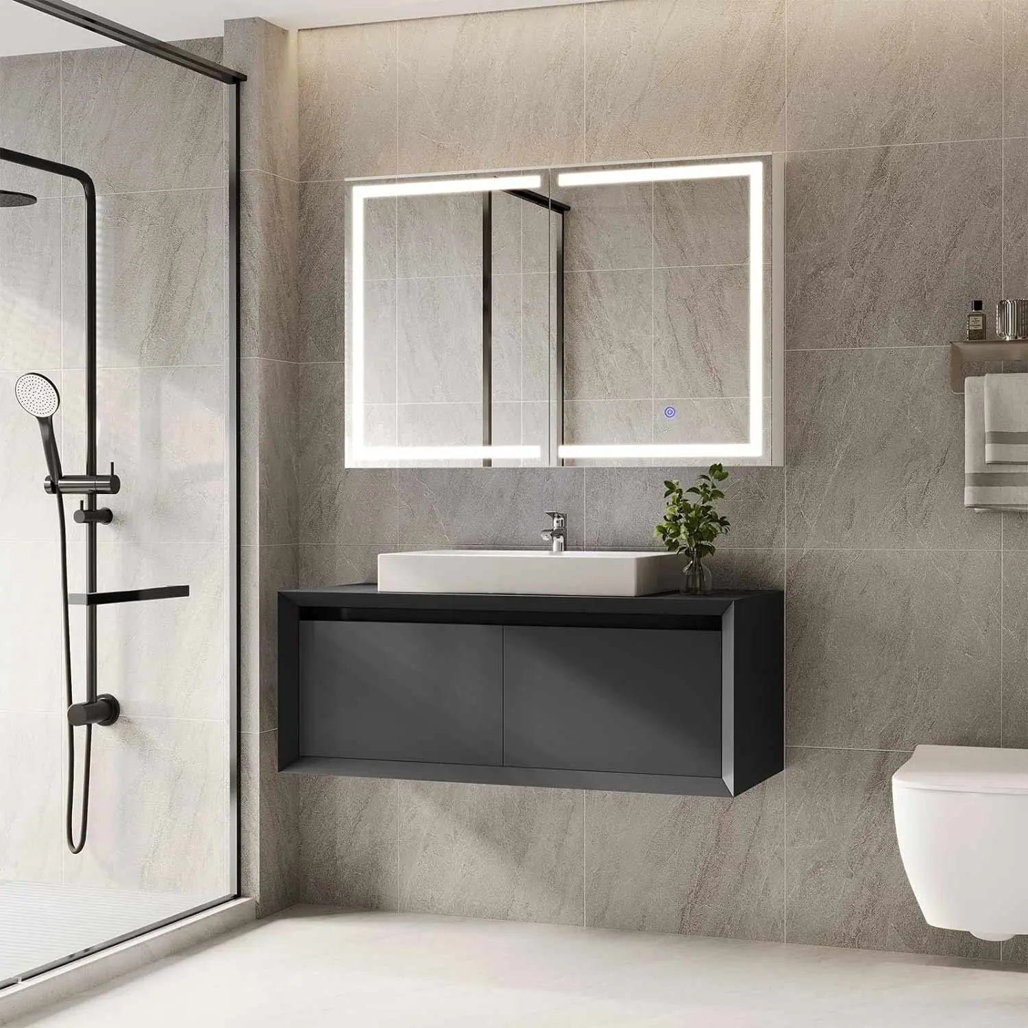 SIKAIC 2-Door Wall-Mounted Lighted Medicine Cabinet with Mirror, Bathroom Organizer, Built-In Mirror & Cabinet Bathroom Furniture, Modern Minimalist Compact Black Storage Cupboard