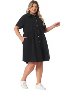 Agnes Orinda Women's Plus Size Denim Dress Babydoll Tiered Short Sleeve Button Down Jean Shirt Dresses