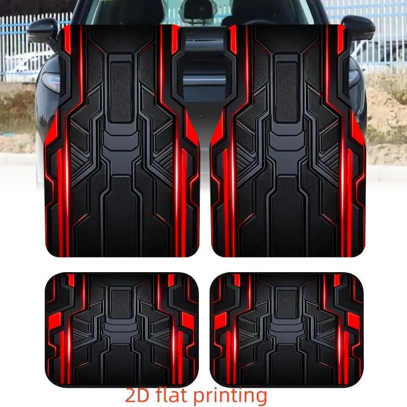 4pcs Set of Red And Blue Creative Tech Geometric Element Printed Car Foot Mats, Non-Slip And Absorbent, Car Interior Additions Floor Mats, Suitable for Front And Rear Seats, Fashionable Polyester Mats Protecting Cars, Suvs, Etc