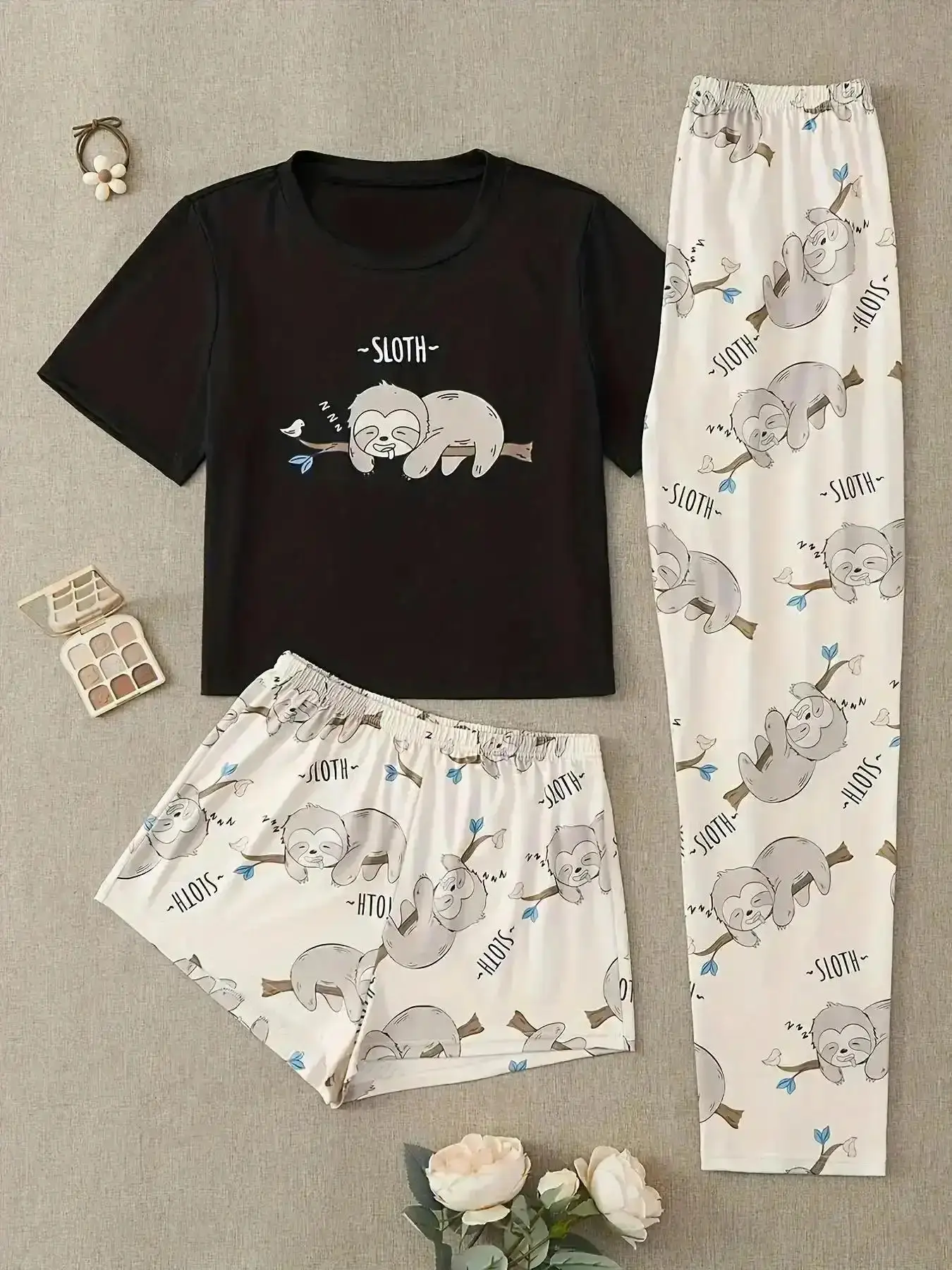 Minimalist Three-Piece Set Women's Cute Cartoon Sloth Print Tee & Shorts & Pants Pyjama Casual Comfy Crew Neck T-Shirt & & Trousers PJ Summer Clothes Women, Outfits 2026, Pajamas Lounge, Adjustable, Cozy, Ensemble
