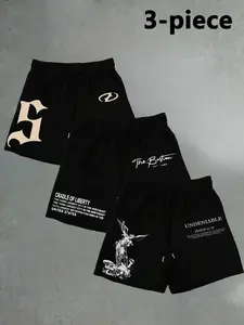 Men's Fashion Casual Simple Trendy Pattern Print Multicolor Shorts Pack, Loose-Fitting Drawstring Waist, All Seasons Wear
